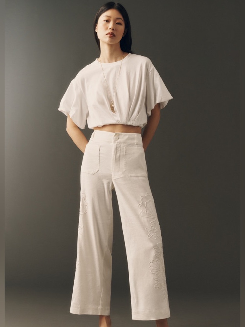 Anthropologie White Embroidered Wide-Leg Linen Pants